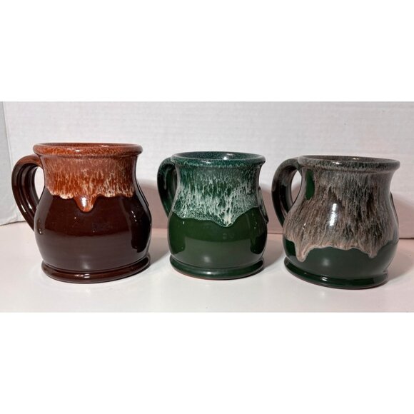 Deneen Pottery Lot of 3 Mugs Cozy Inns Brown Green Handmade USA Round - Picture 2 of 7